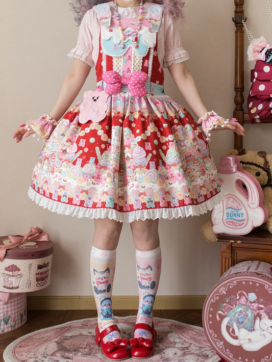 Overall Sweet Desserts Red Gummy Print and Bear Lolita Dress