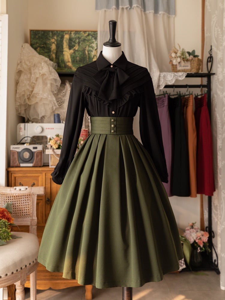 Jupe Lolita classique élégante vert olive mi-longue taille haute à ourlet plissé