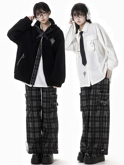 White Snake Buckle Strap Pockets Shirt with Free Tie