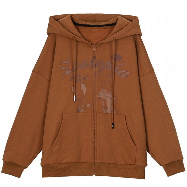 Zootopia Judy and Nick Print Brown Zip Hoodie