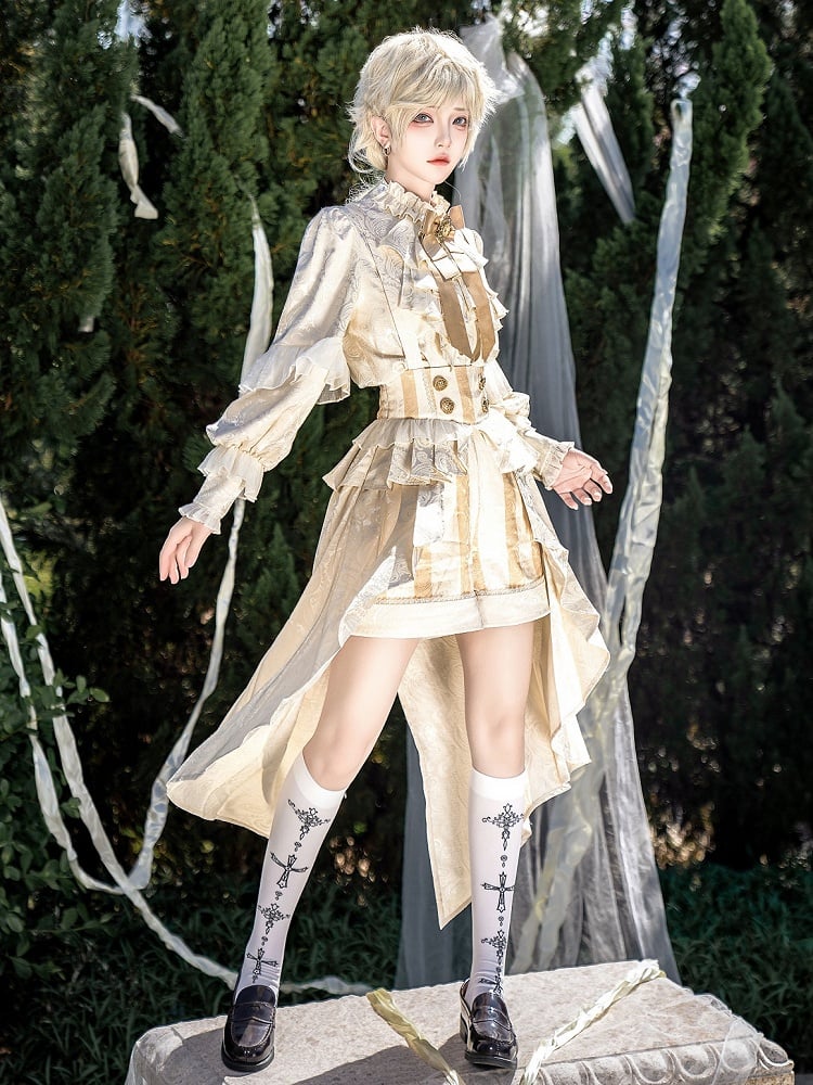 Champagne High Waist Striped Ouji Lolita Overall Shorts with Cascading Ruffle Train