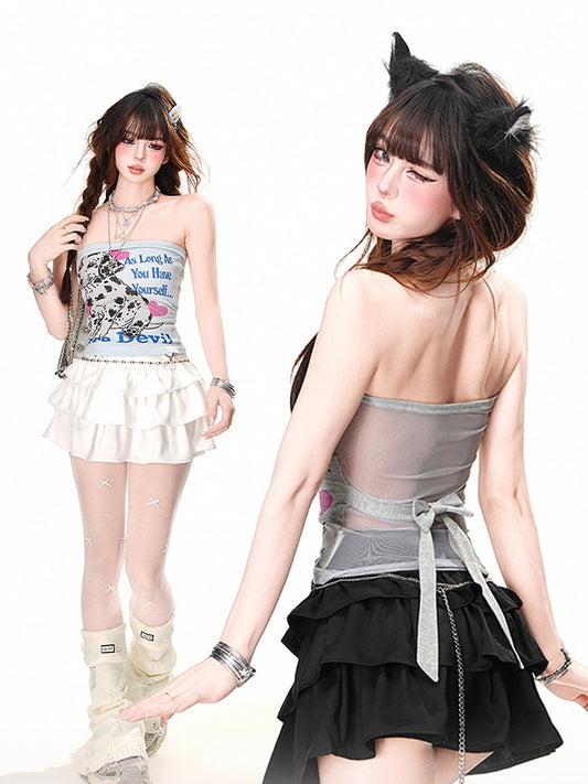 Spotted Dog Print Mesh Patchwork Design Back Gray/Blue Glamorous Strapless Top