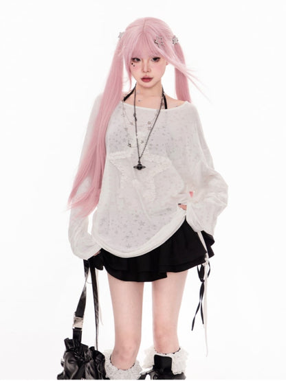 White Asymmetrical Neckline Ruffled Star Drawstring Side Coverup