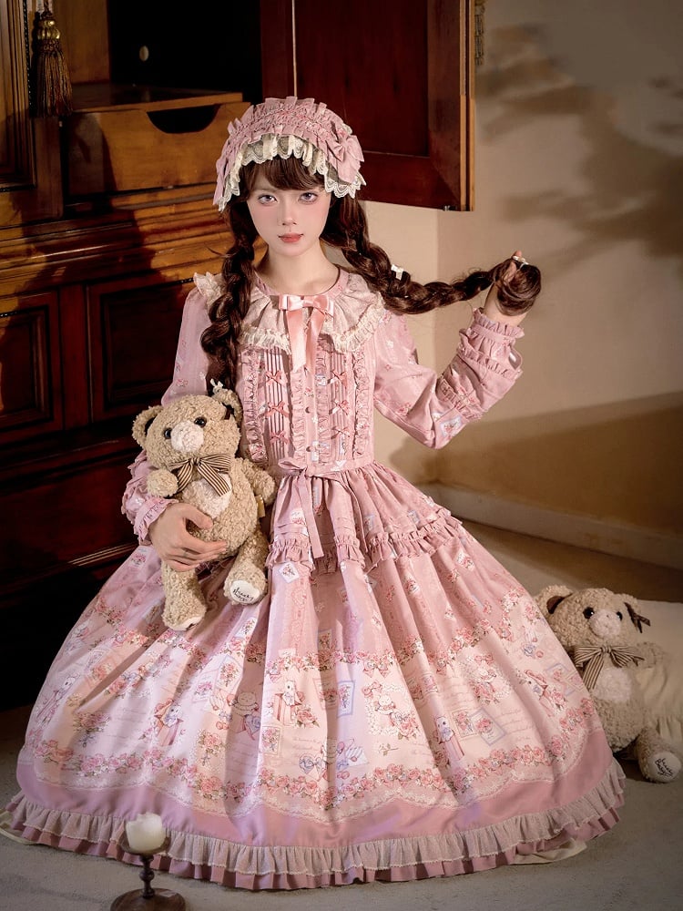 Robe Lolita rose à manches longues et motif floral et chaton