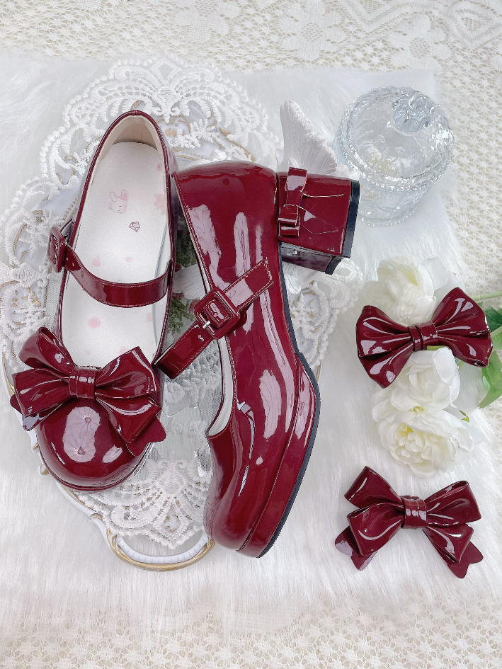 Wine Red Bowknot Buckle Strap Block Heel Lolita Mary Janes