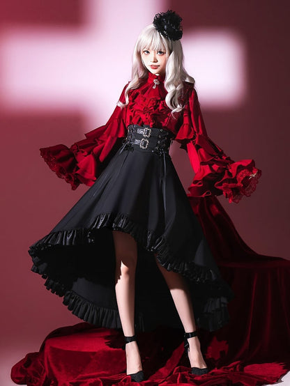 Chemise à manches longues Lolita Vampire Ouji à volants rouge vin
