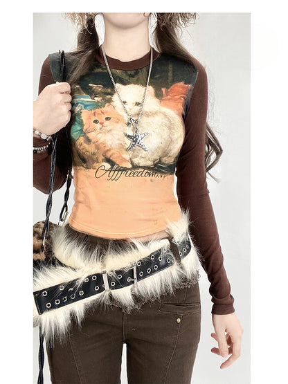 Coffee Cute Kitty Print  Cropped Top