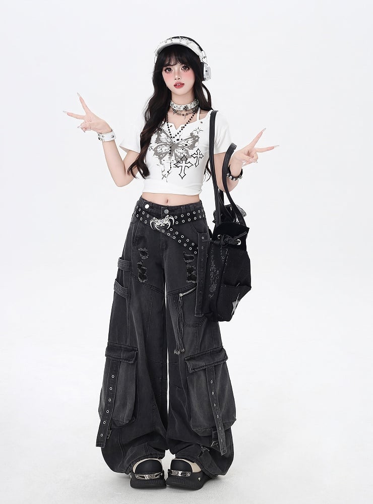 Black Rise Distressed Holes Low Jeans Wide-leg Cargo