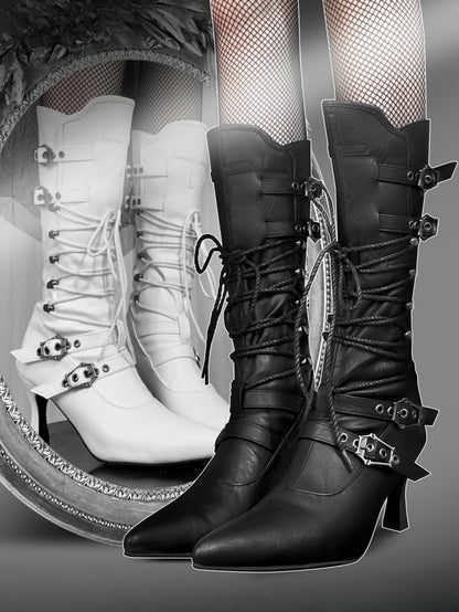 Gothic Black Lace-up Detail Pointed Toe Punk Boots