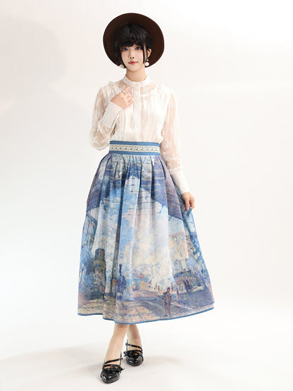 Version Waist Skirt Short Saint-Lazare Oil Painting Print Blue High Gare