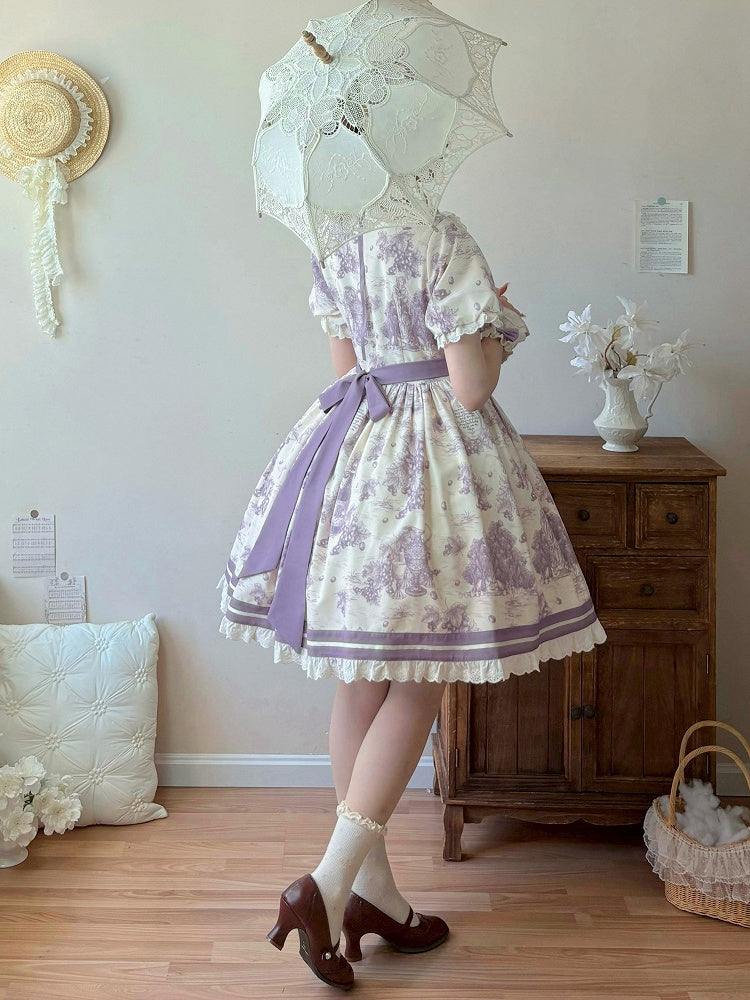 Lolita Print Lila Kurzes Kleid mit Peter-Ärmeln und Traubenkragen