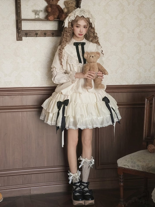 Bows Beige Fashion Drawstring Lolita Dress Black with Design Versatile and Waist Belt