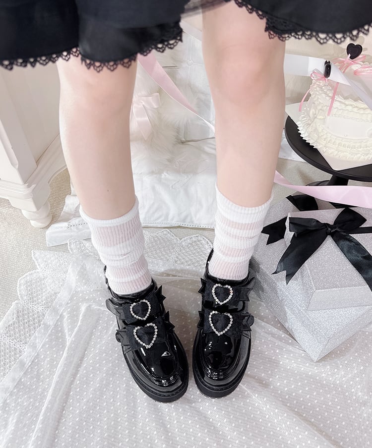 Polished Black Jirai Kei Rhinestone Heart Bowknots Velcro Strap Closures  Landmine Style Platform Shoes