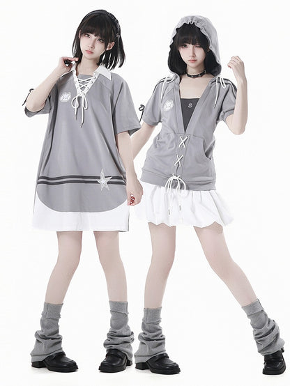Neckline Star Loose Gray Lace-up Bunny Applique and Dress