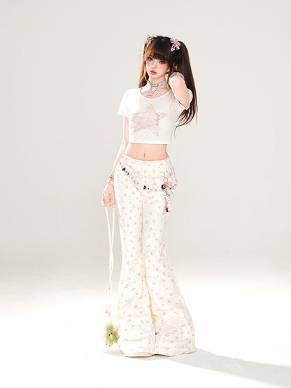 Apricot Low Waist Floral Pattern Slim-fitting Flared Pants