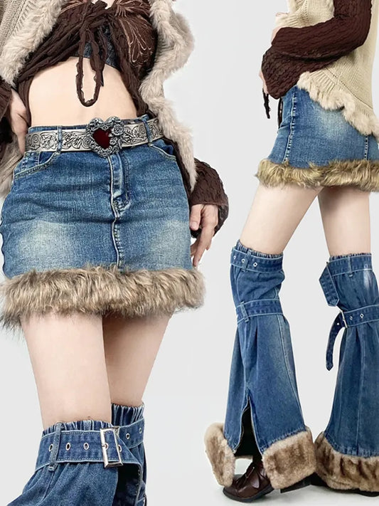 Hem + Leg Fashion Slit Plush Skirt Warmers Denim Side Straps Buckle Gyaru Blue