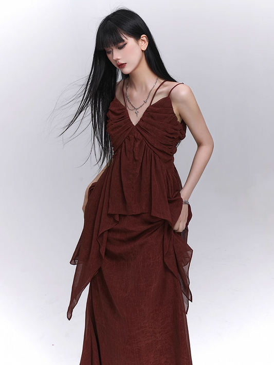 Red V-neck Hem Handkerchief Top Cami Dark