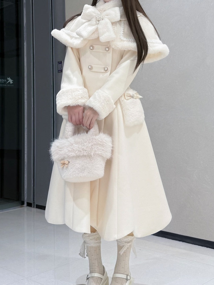 Apricot Cape Scalloped Edge Trim Lolita Coat with Plush Bowknot Scarf