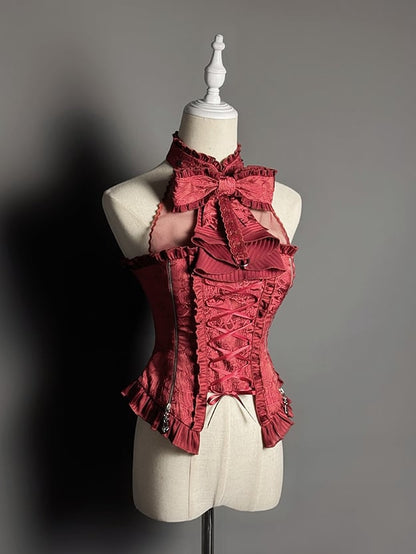Illusion Sleeveless Bow Top Halter Neck Big Red