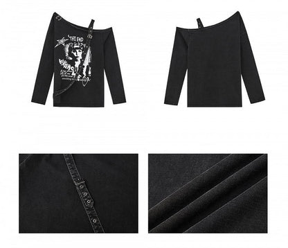Cutout Shoulder Top Y2K Punk Black Asymmetrical