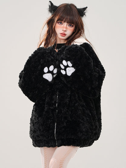Black Cute Kitty Head Hood Fleece Zip Hoodie