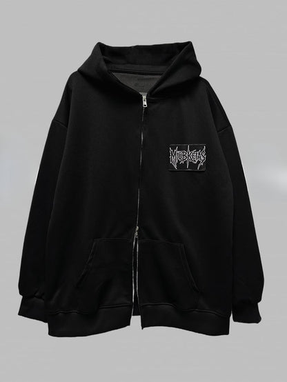 Applique Two-way Placket Zip Letter Black Jacket
