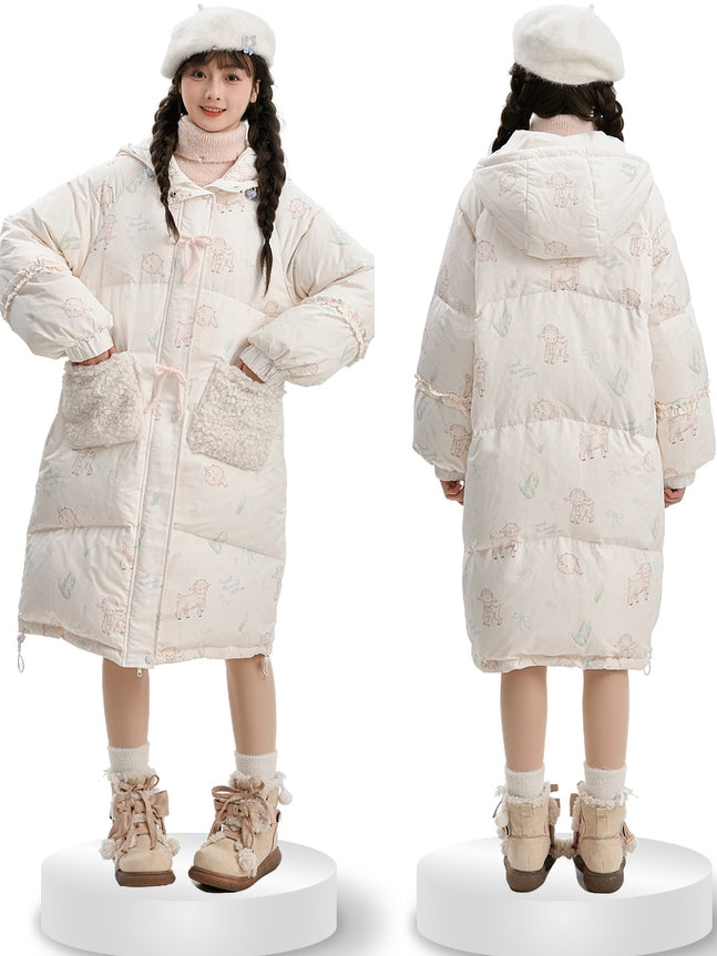 Cute Lamb Print White Hooded Down Jacket Short/Long Version
