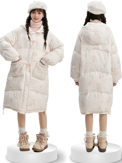 Cute Lamb Print White Hooded Down Jacket Short/Long Version