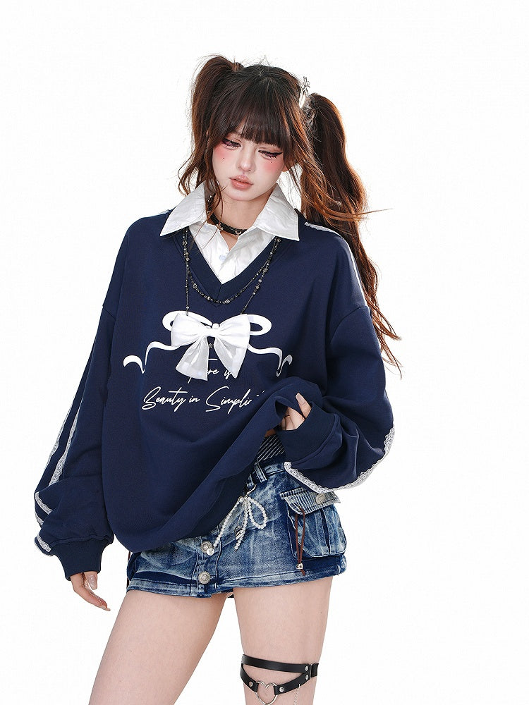 Navy Blue Polo Collar Faux Two-pieces Sweatshirt with Detachable Bow