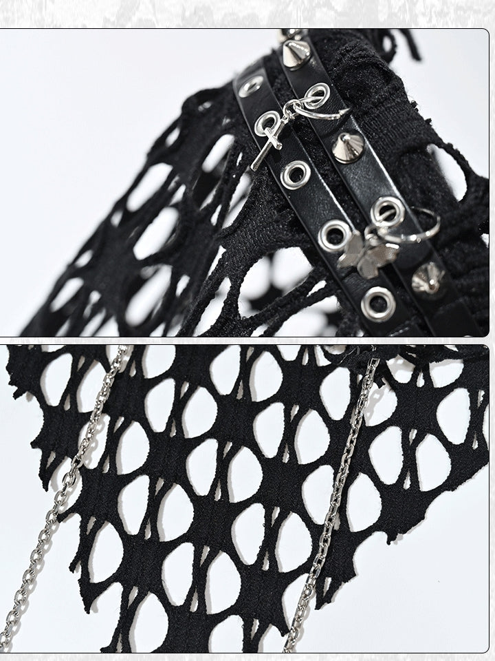 Grunge Punk Rock Black Studs Mesh Triangle Scarf KC Cross Charms Chain Detail