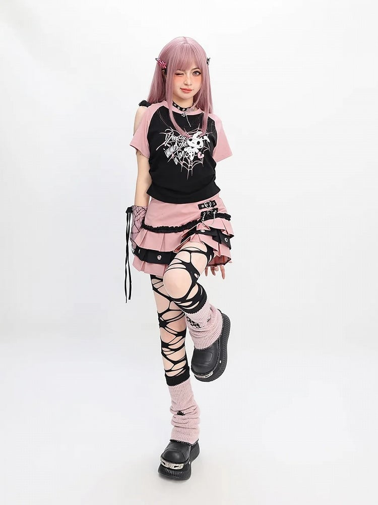 Free Red/Pink/Purple with T-Shirt Print Sleeves Y2K Cutout Shoulder Spiderweb