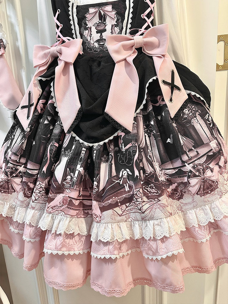 Robe Lolita noire et rose sous la poitrine avec motif lapin et cercueil