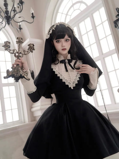 Black and Beige Ruffle Banded Collar Gothic Nun Lolita Dress Short Version
