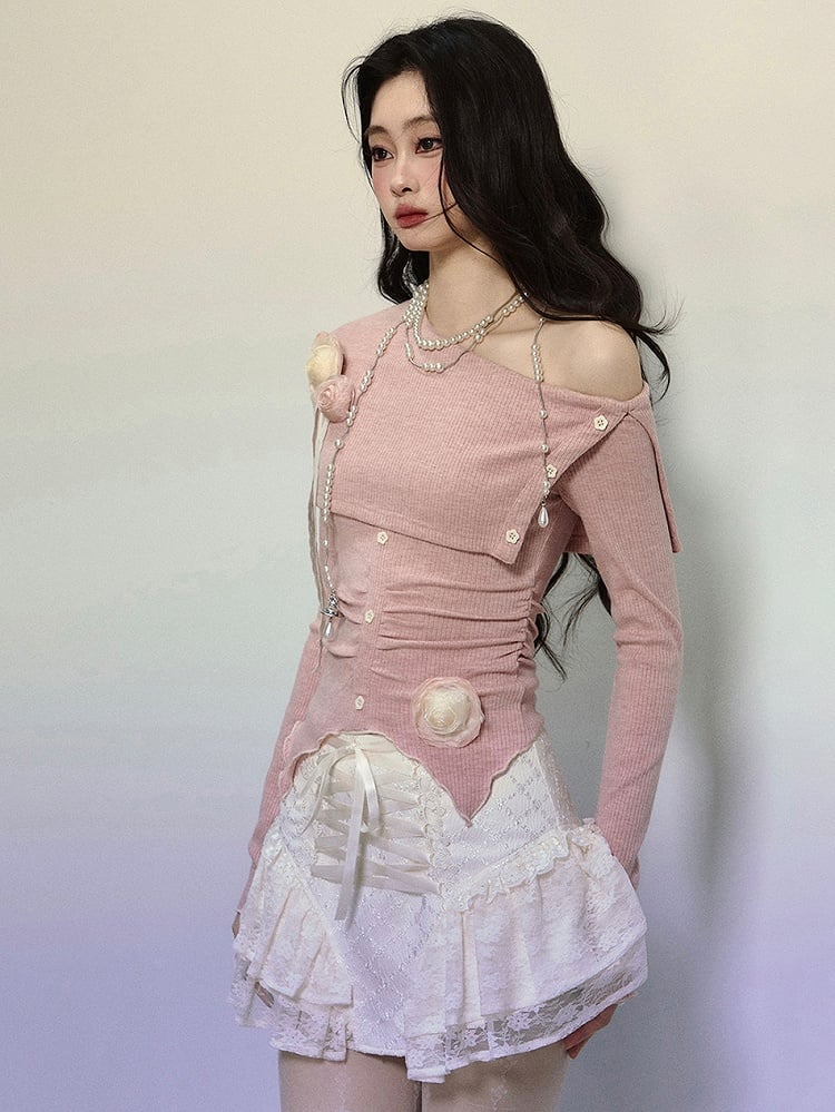 Pink Floral Asymmetrical Neckline Knit Long Sleeves Top