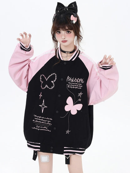 Black and Pink Colorblock Design Butterfly Baseball Jacket