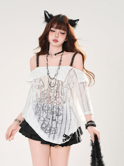 Ausschnitt Lose Schwarz/Weiß Mädchen Print T-shirt Off-the-shoulder
