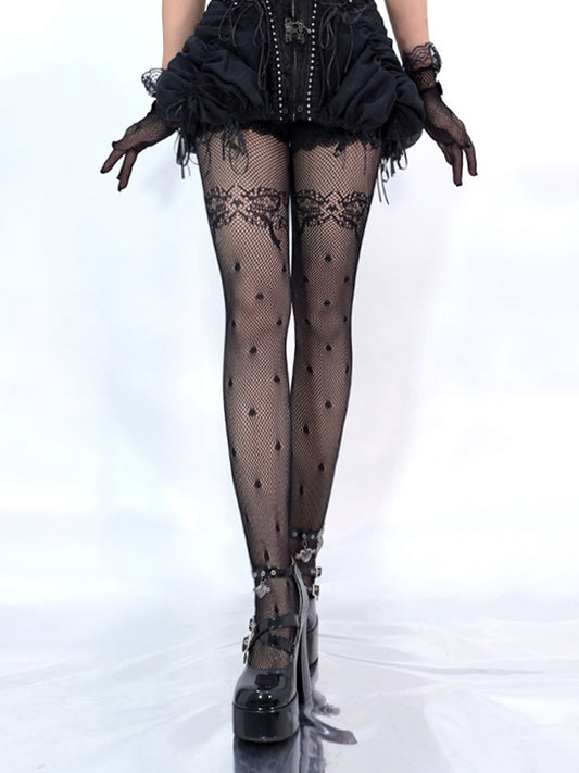 Black / White Bowknot and Polka Dots Pattern Fishnet Tights