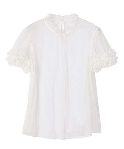 Weiße, transparente Bluse mit Rüschenausschnitt und kurzen Ärmeln