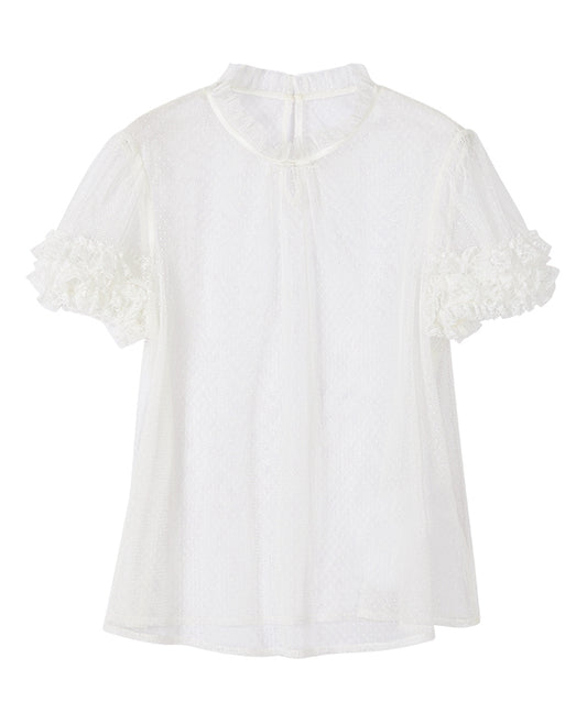 Weiße, transparente Bluse mit Rüschenausschnitt und kurzen Ärmeln