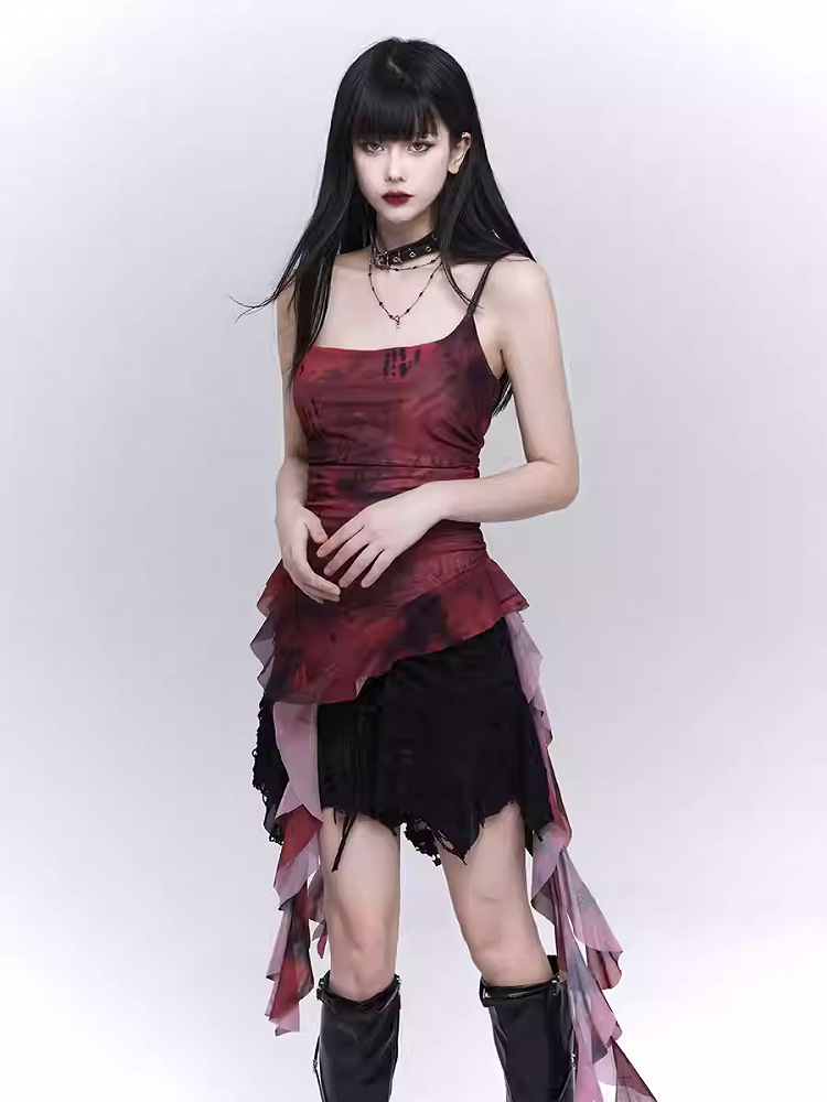 Red Asymmetrical Flounce Hem Glamorous Cami Top