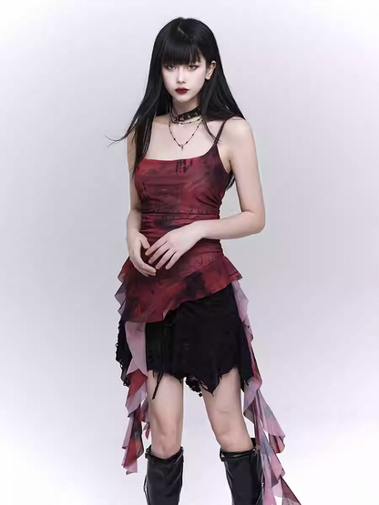 Red Asymmetrical Flounce Hem Glamorous Cami Top