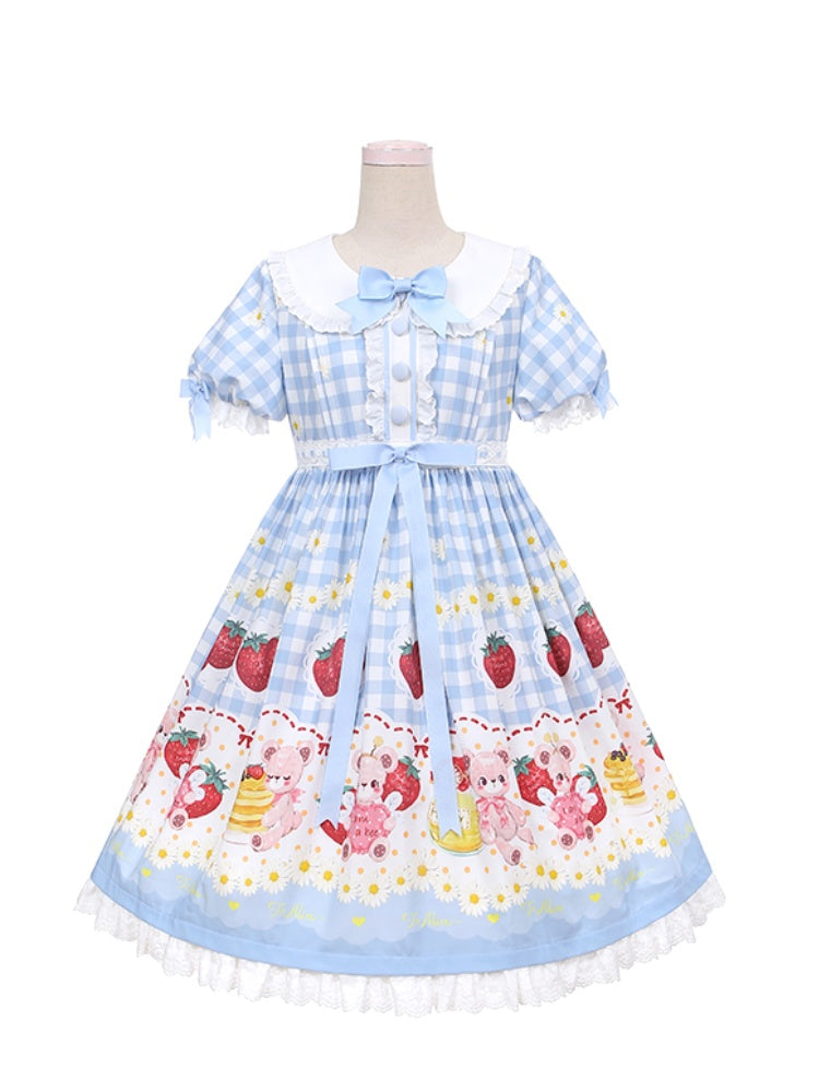 Light Blue/Wine Red Plaid Strawberry and Bear Print Cottagecore Country Dress Sweet Lolita OP