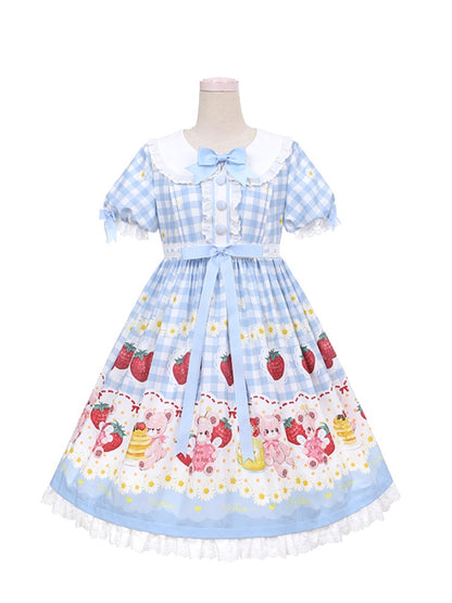 Light Blue/Wine Red Plaid Strawberry and Bear Print Cottagecore Country Dress Sweet Lolita OP