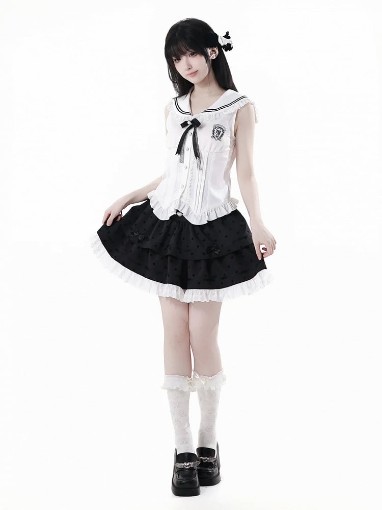 Polka-dot Tiered Skirt Lace White Trim Black