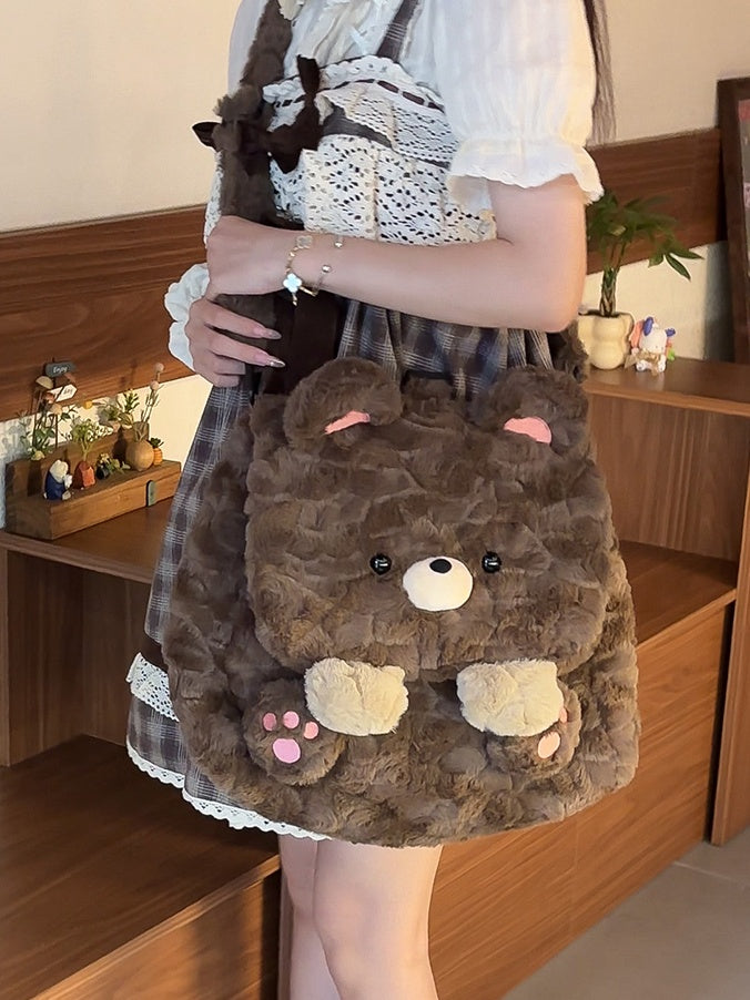 Sac à dos à rabat en peluche ours brun mignon, taille moyenne/grande
