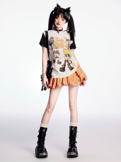 Puppy Orange Plaid Drawstring Waist Print Mini Bubble Skirt