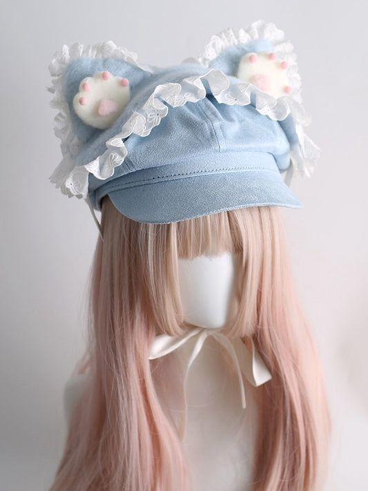 Blue Jirai Kei Lace Trim Beret With Detachable Cat Ear And Paw Hairband