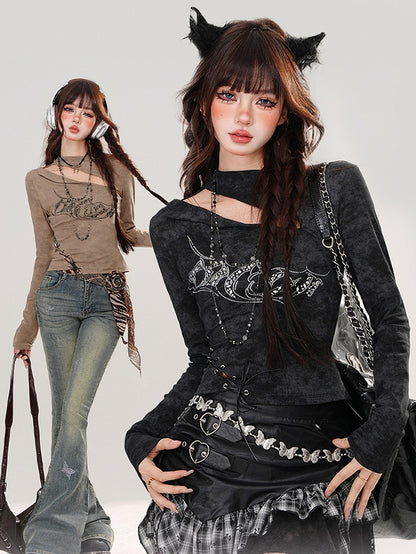 Black/Khaki Rhinestones Adorned Cutout Top Lace-up Detail at Waist