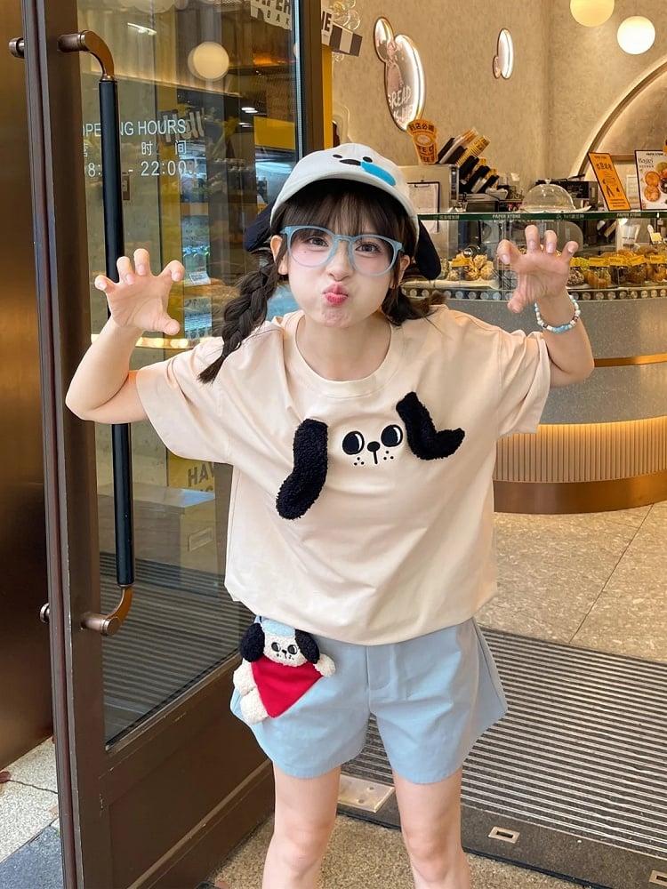 T-Shirt Plush Puppy Ears Loose Beige Round Neck