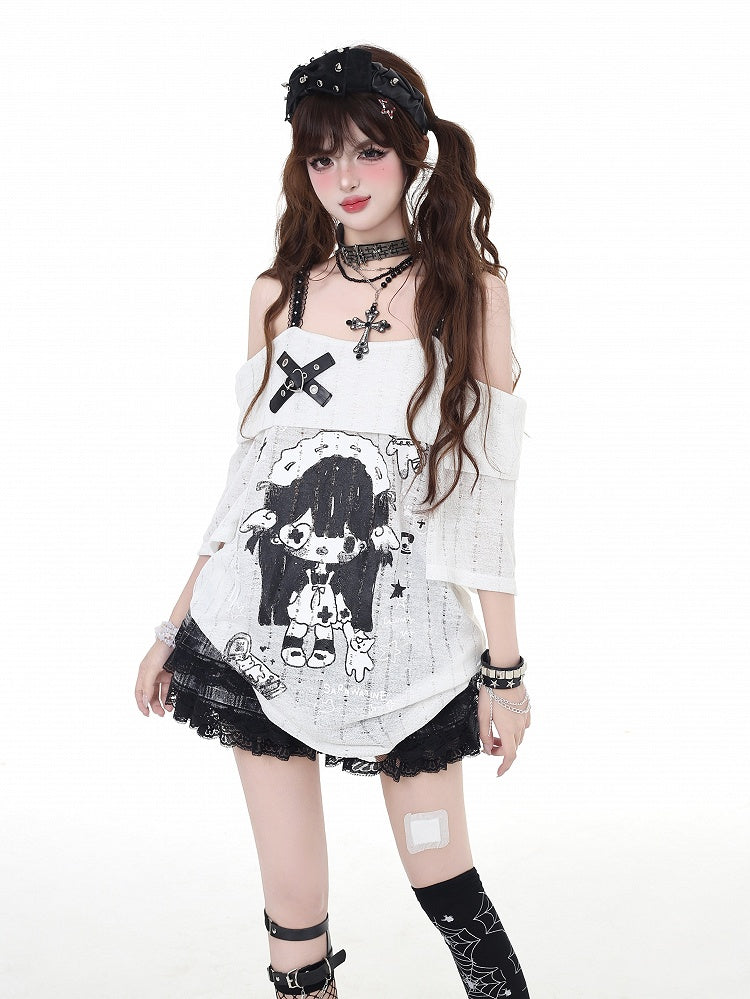 Neckline Girl Print T-Shirt Cartoon Gray/White Off-the-shoulder Criss-cross Design